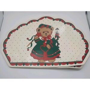 4 Vintage B&D Vinyl Christmas Placemats Scalloped Edges Girl Bear  Holiday